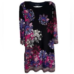 Donna Morgan Moody Pink Purple Floral Print Black Shift Dress-14-Travel Timeless